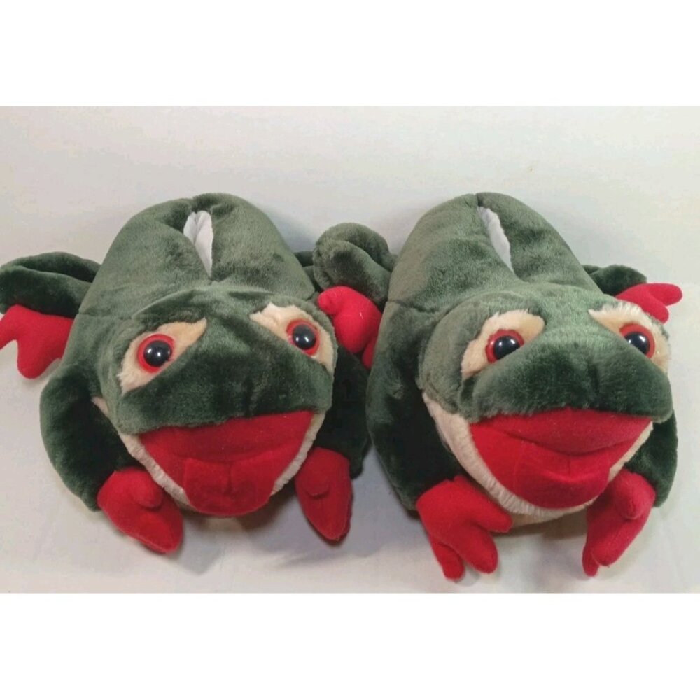 Vintage Rare Big Fluffy Green Frog Slippers Size Small 5-6